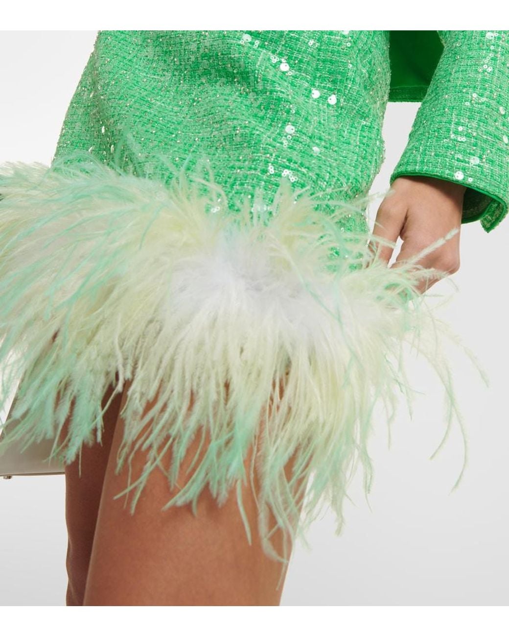 Self-Portrait Green Feather-Trimmed Sequined Boucle Miniskirt