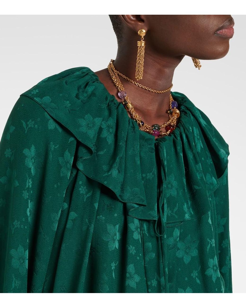 Chloé Green Ruffled Floral Silk Jacquard Midi Dress