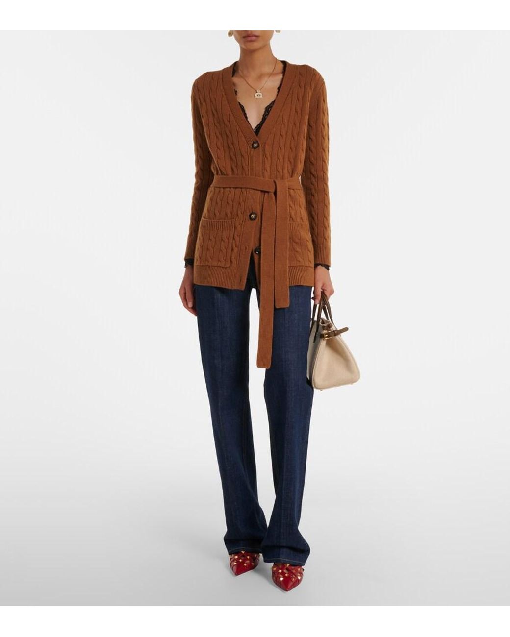 Valentino Garavani Brown Cable-Knit Cashmere Cardigan