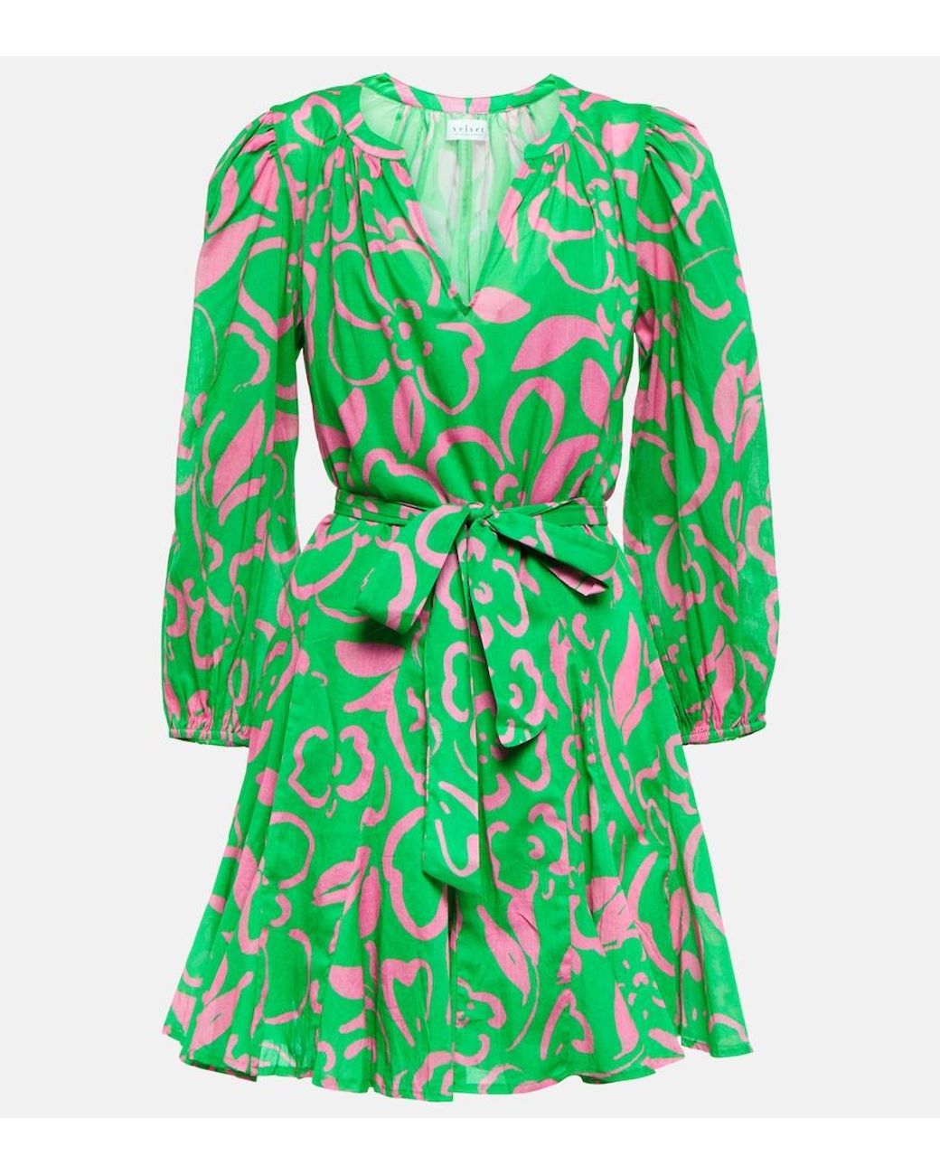 Velvet Green Kiki Belted Floral Cotton Minidress