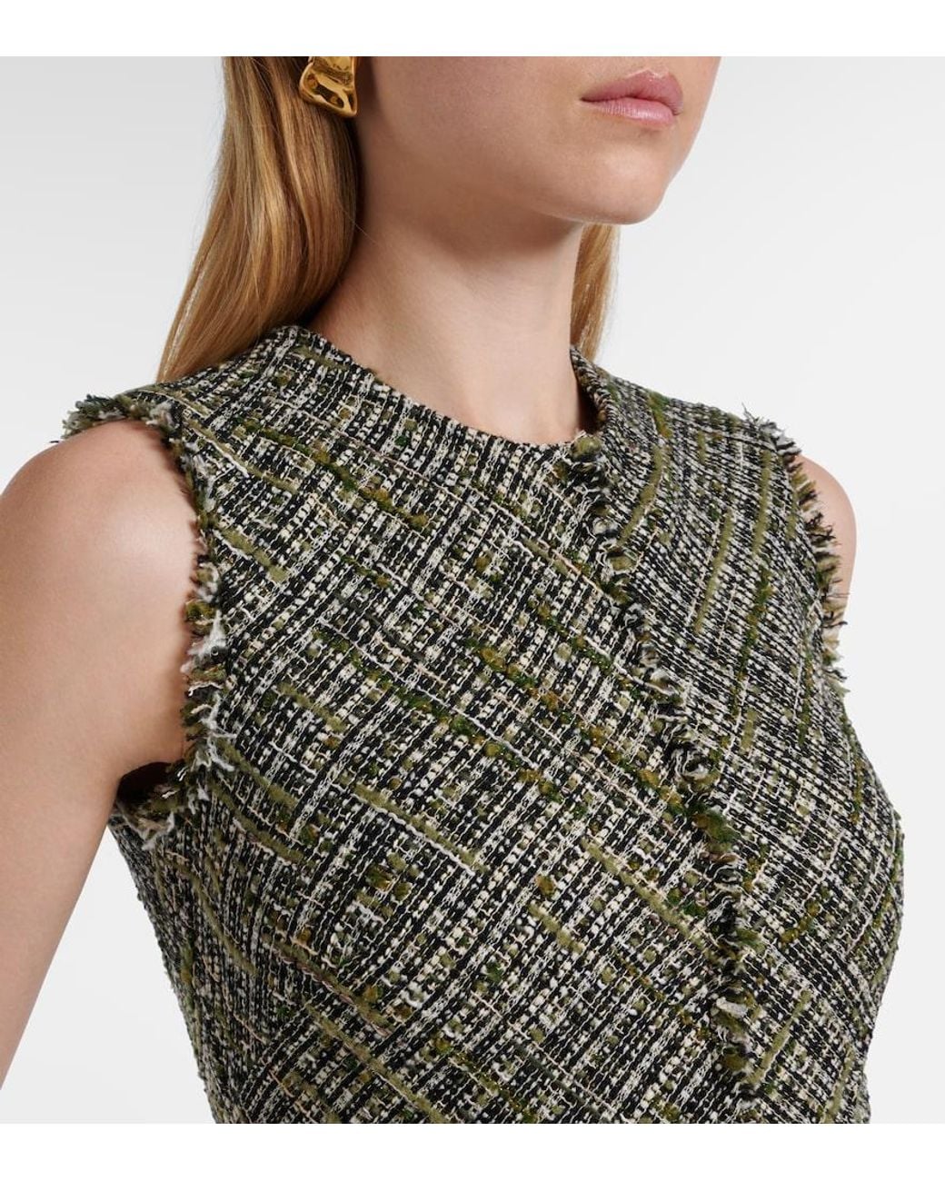 Erdem Green Draped Tweed Midi Dress