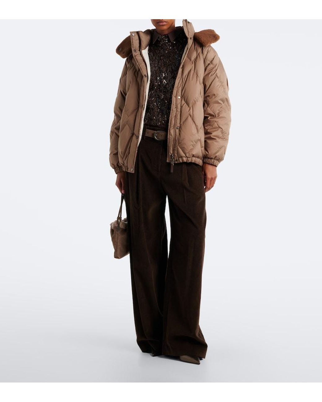 Brunello Cucinelli Brown Shearling-Trimmed Quilted Down Jacket