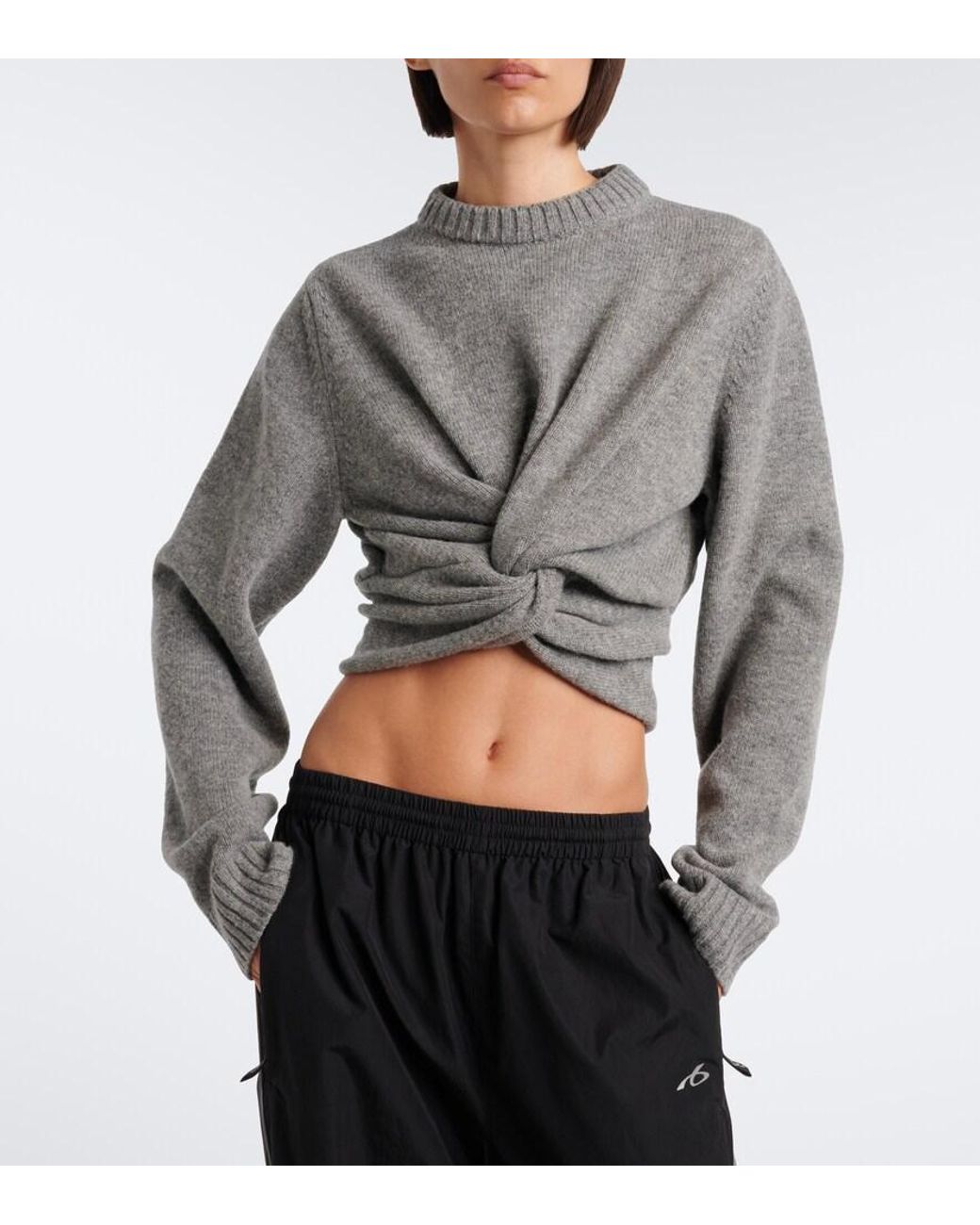 Balenciaga Gray Cropped Gathered Wool Sweater