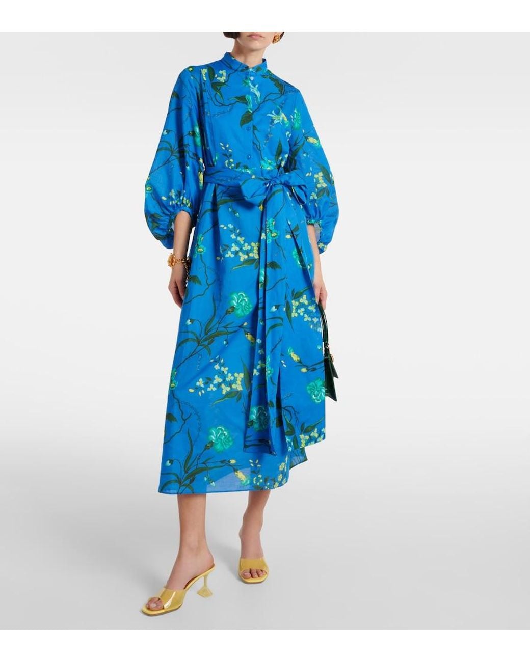 Erdem Blue Floral Cotton And Linen Midi Dress