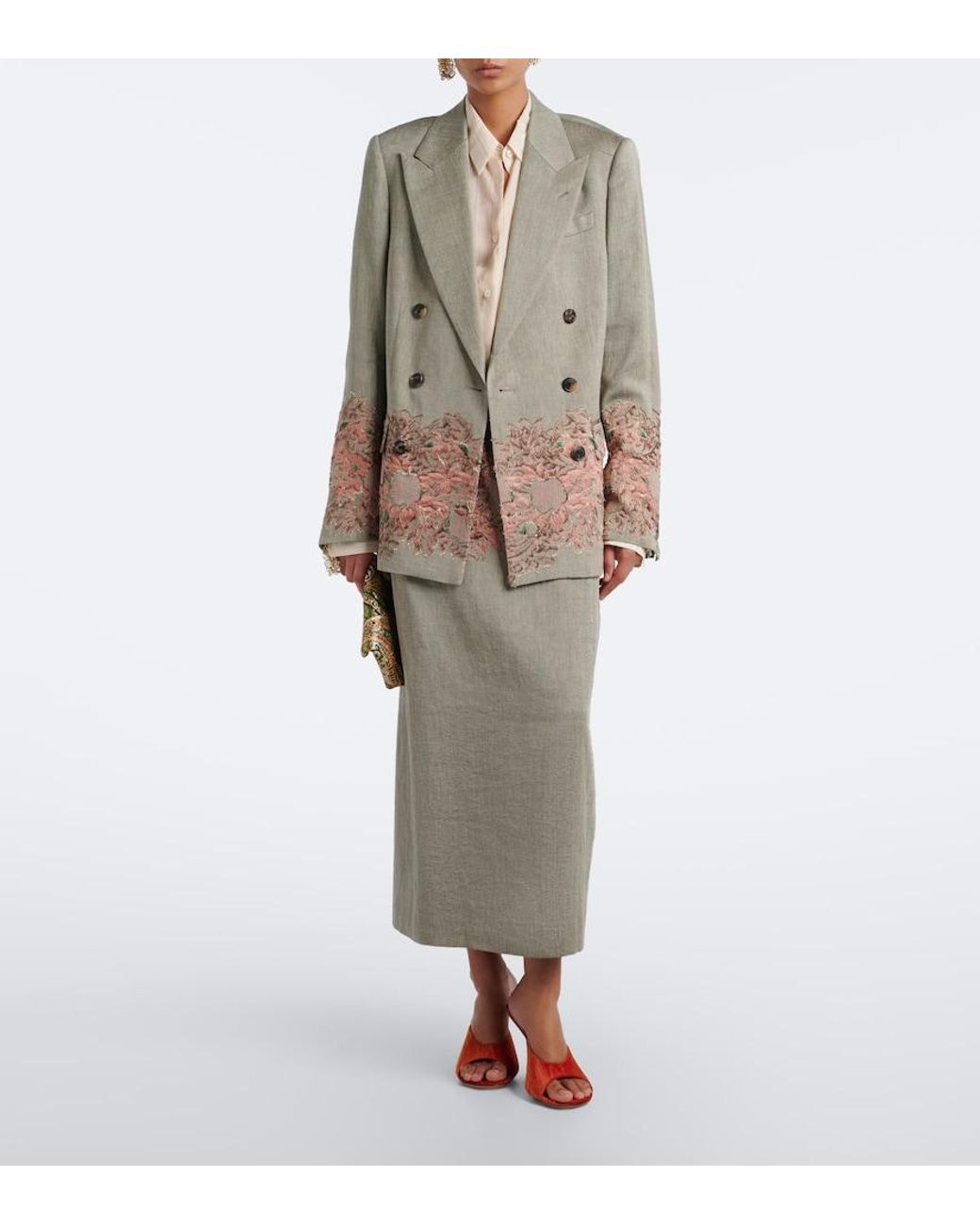 Dries Van Noten Gray Embroidered Linen And Cotton-Blend Midi Skirt