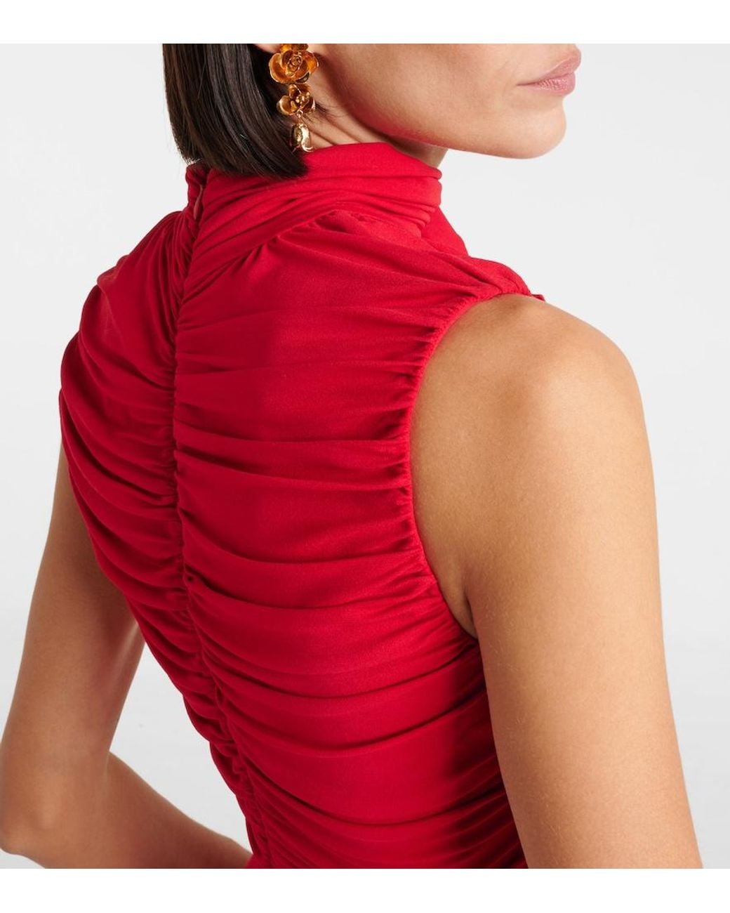 Magda Butrym Red Floral-Applique Ruched Jersey Gown