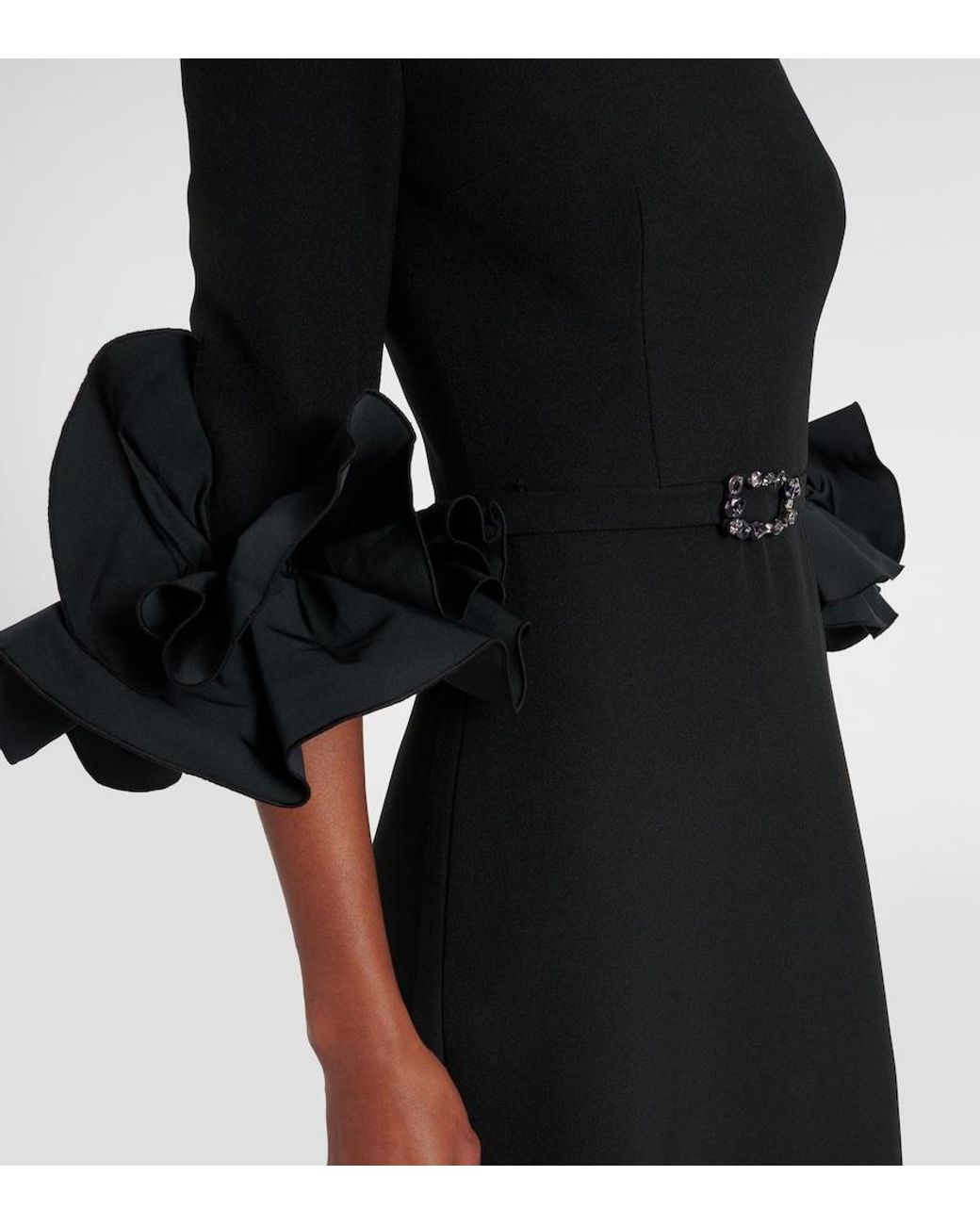 Safiyaa Black Belted Ruffled Crepe Gown