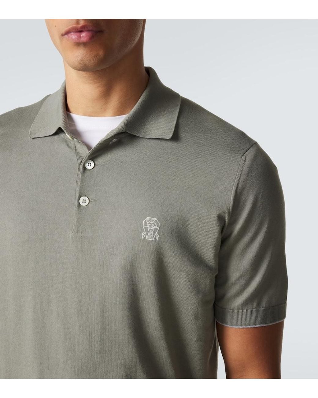 Brunello Cucinelli Green Logo Cotton Pique Polo Shirt for men