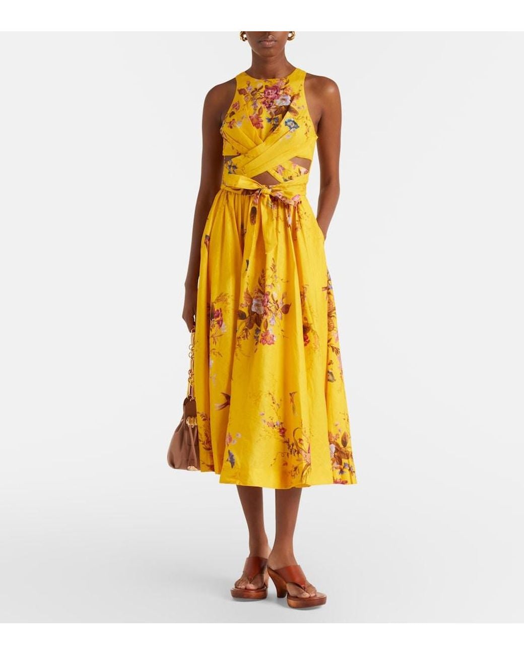 Zimmermann Yellow Patience Floral Cutout Linen Midi Dress