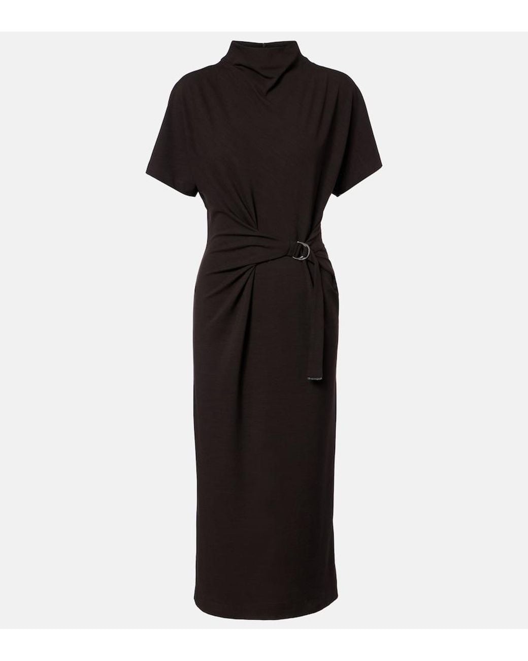 Brunello Cucinelli Black Gathered Jersey Midi Dress