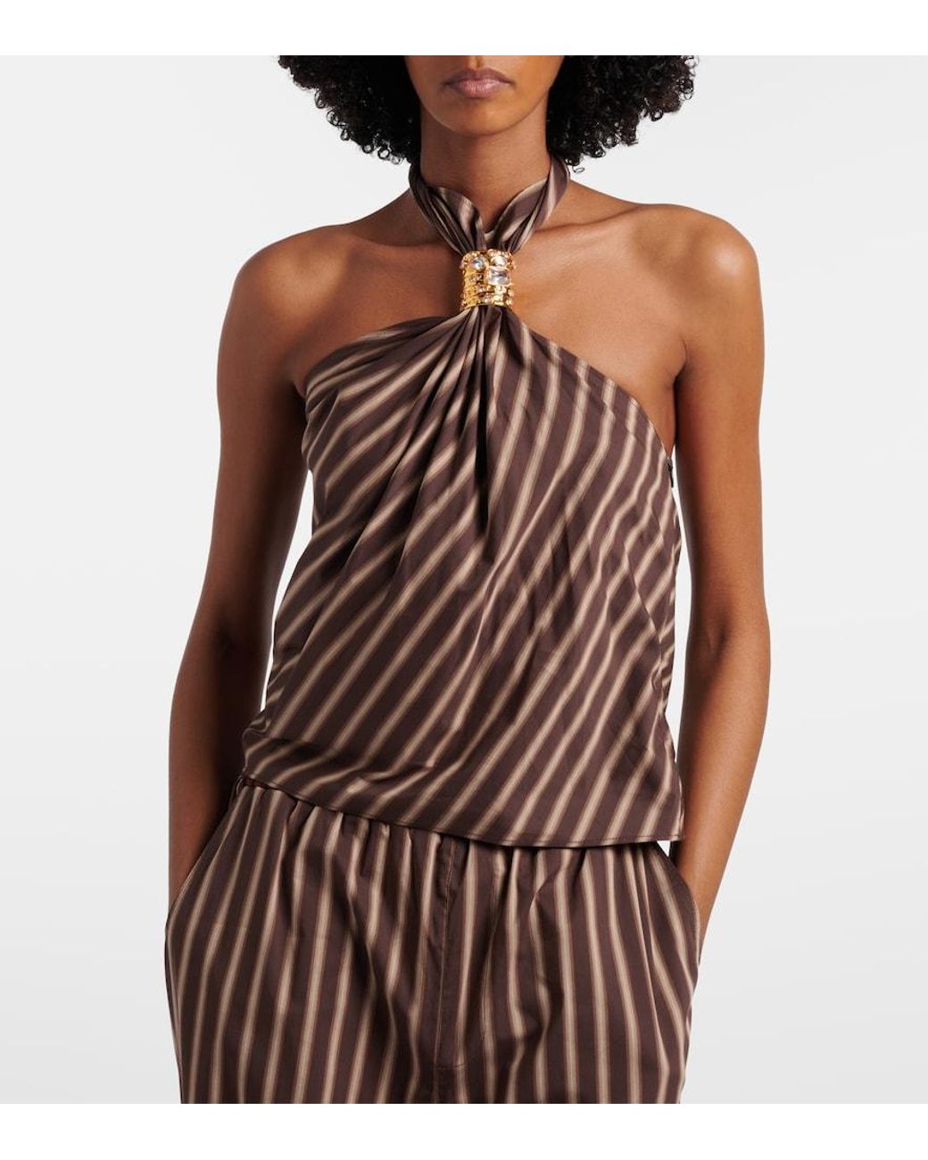 JACQUES WEI Brown Gathered Striped Cotton-Blend Top