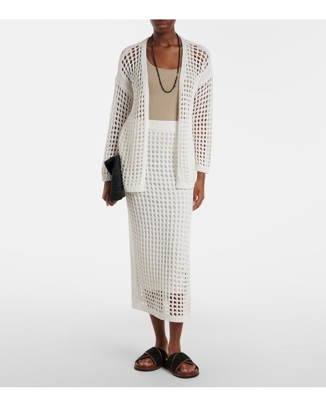 Max Mara White Geode Open-Knit Cotton Midi Skirt