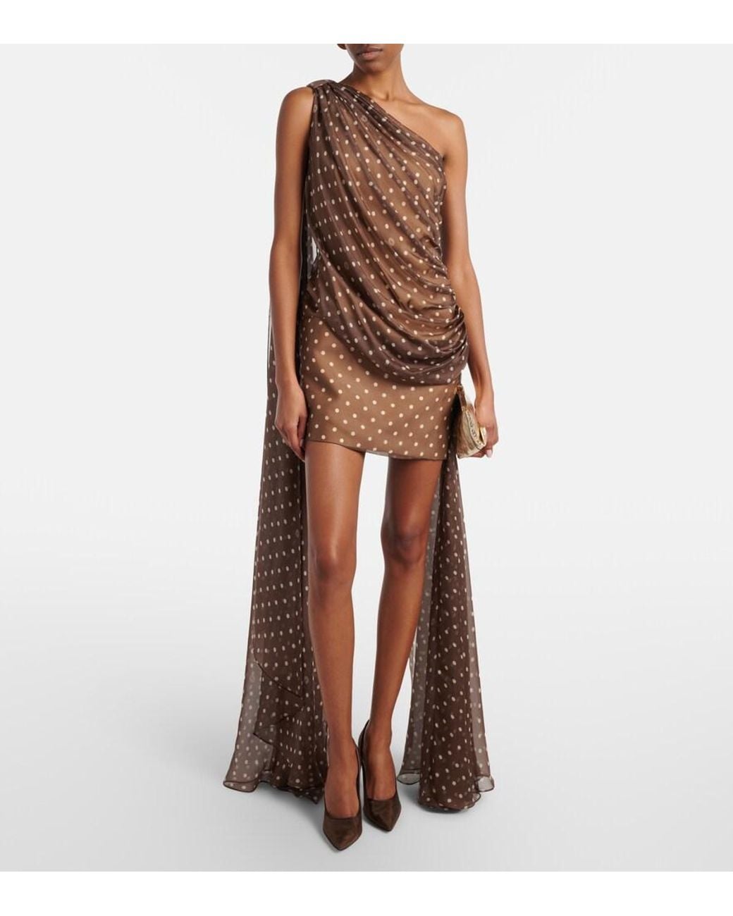 Elie Saab Brown Caped One-Shoulder Polka-Dot Silk-Blend Minidress