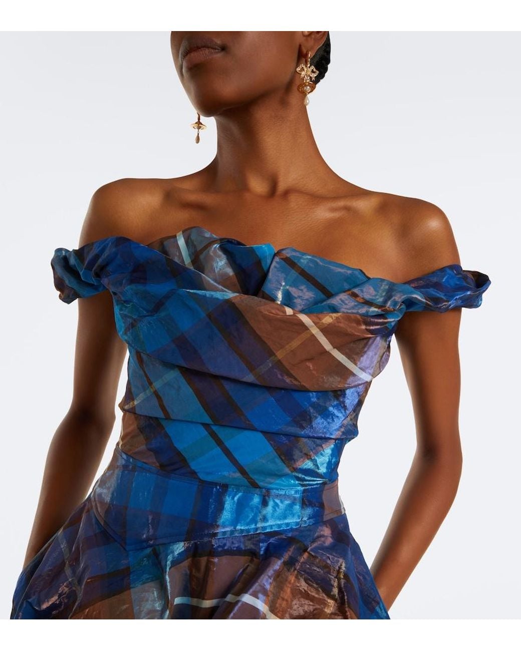 Vivienne Westwood Blue Chichi Draped Plaid Maxi Dress