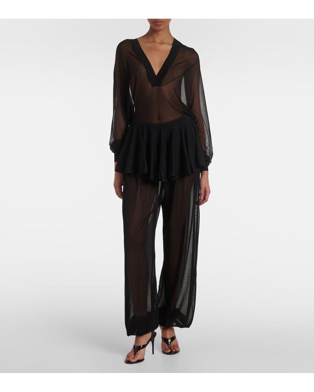 Alaïa Black Mid-Rise Semi-Sheer Wide-Leg Pants