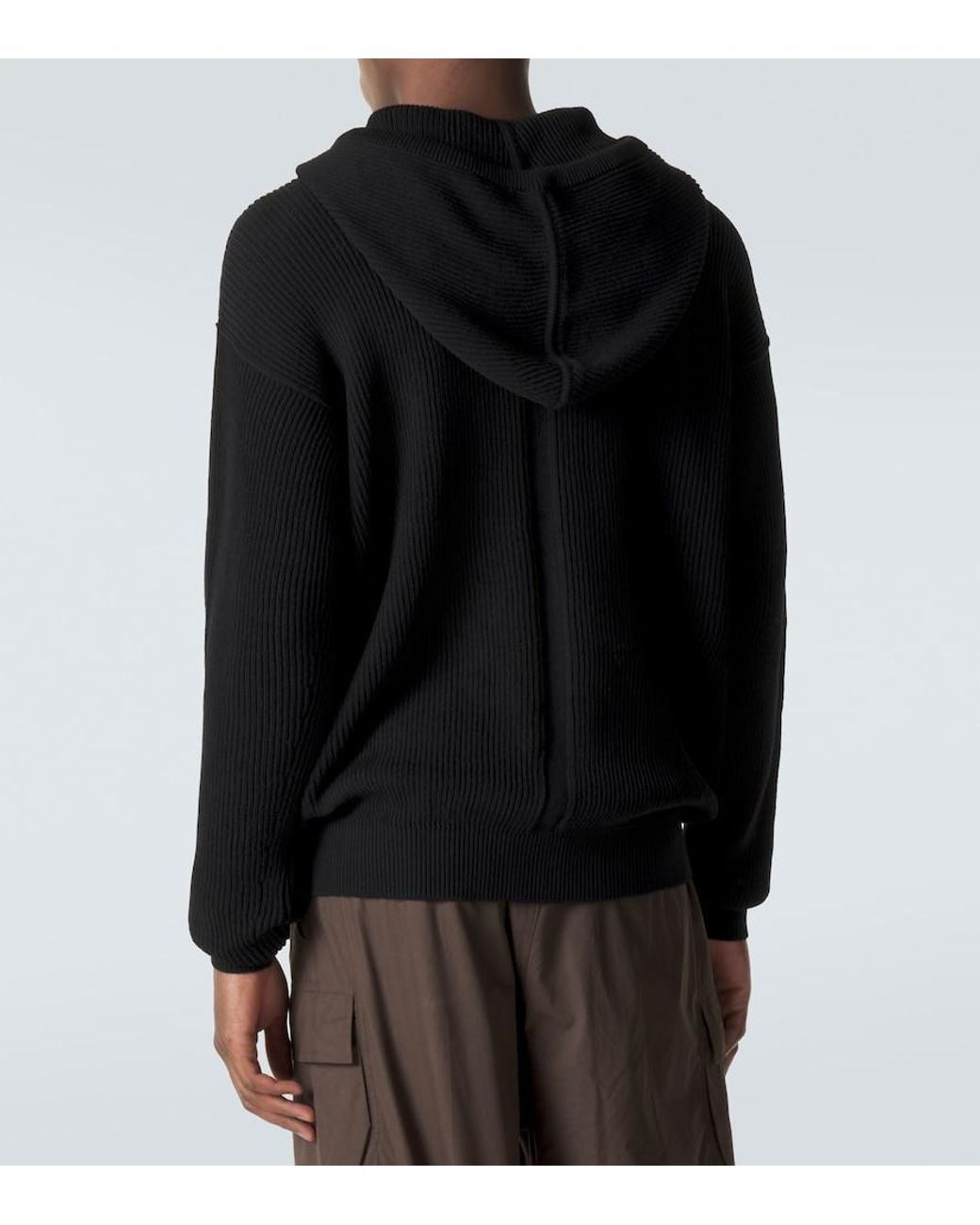 Rick Owens Black Ribbed-Knit Virgin Wool Hoodie for men