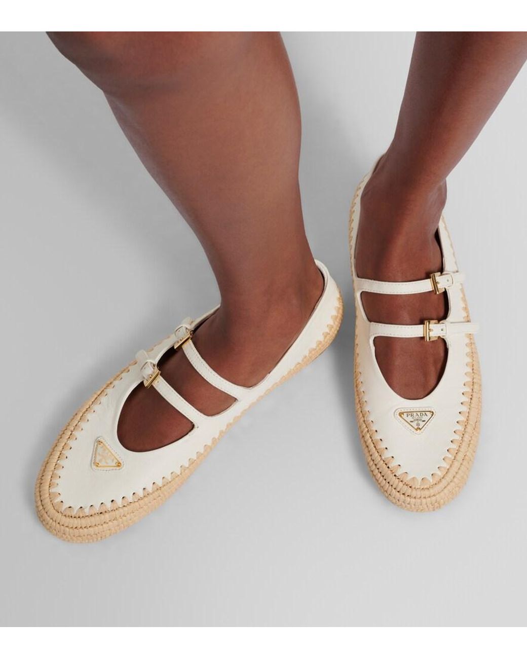 Prada Leather And Raffia Mary Jane Flats in Natural | Lyst UK