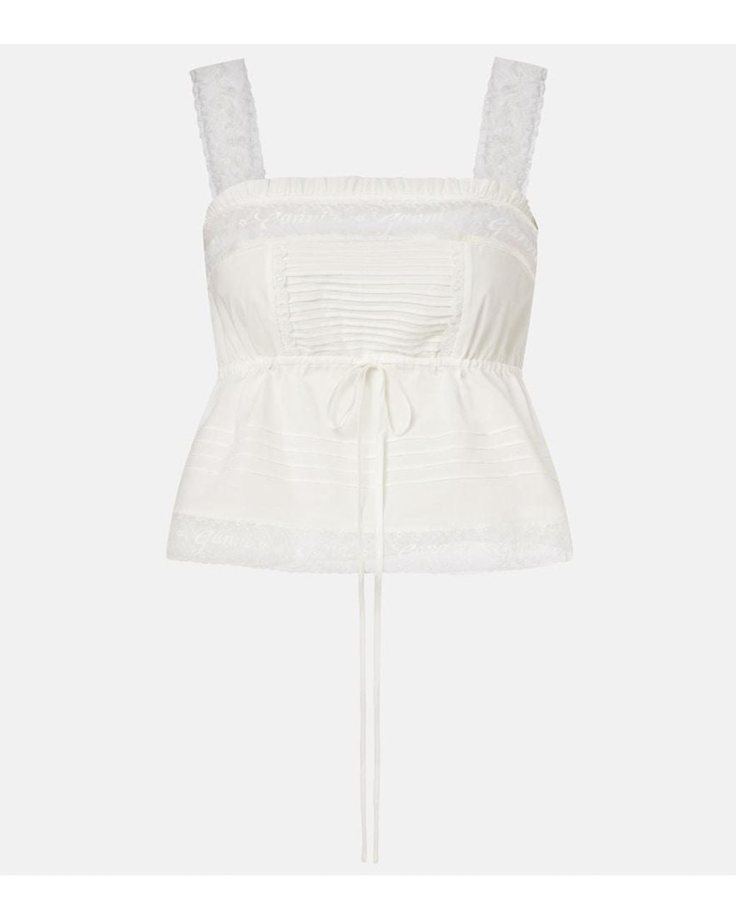 Ganni White Lace-Trimmed Ruffled Cotton Crop Top