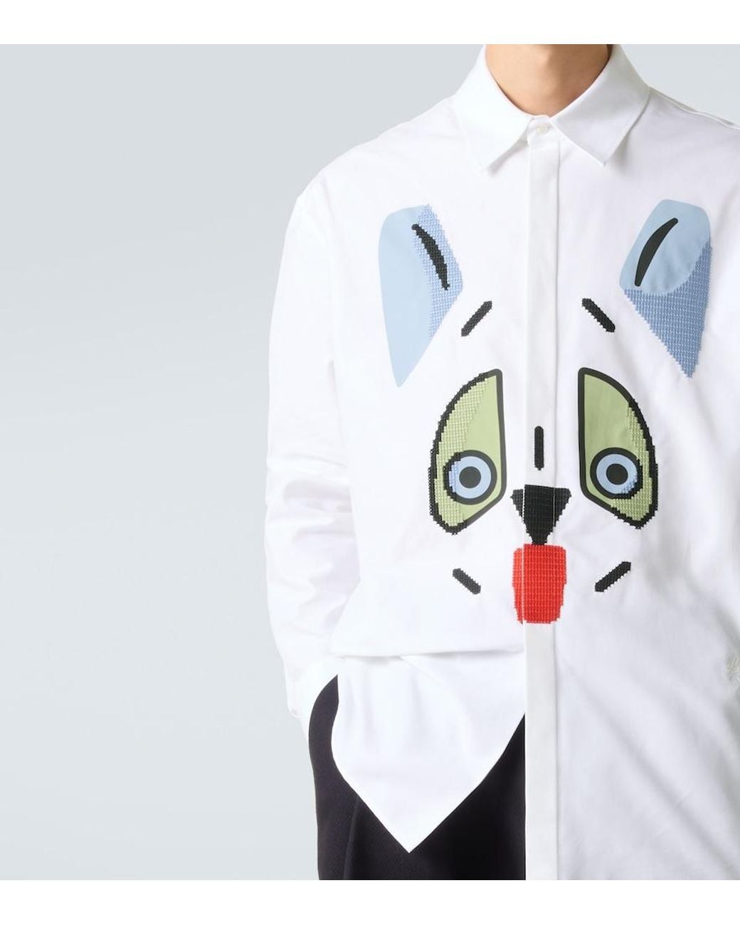 Loewe White Cat Face Embroidered Cotton Shirt for men