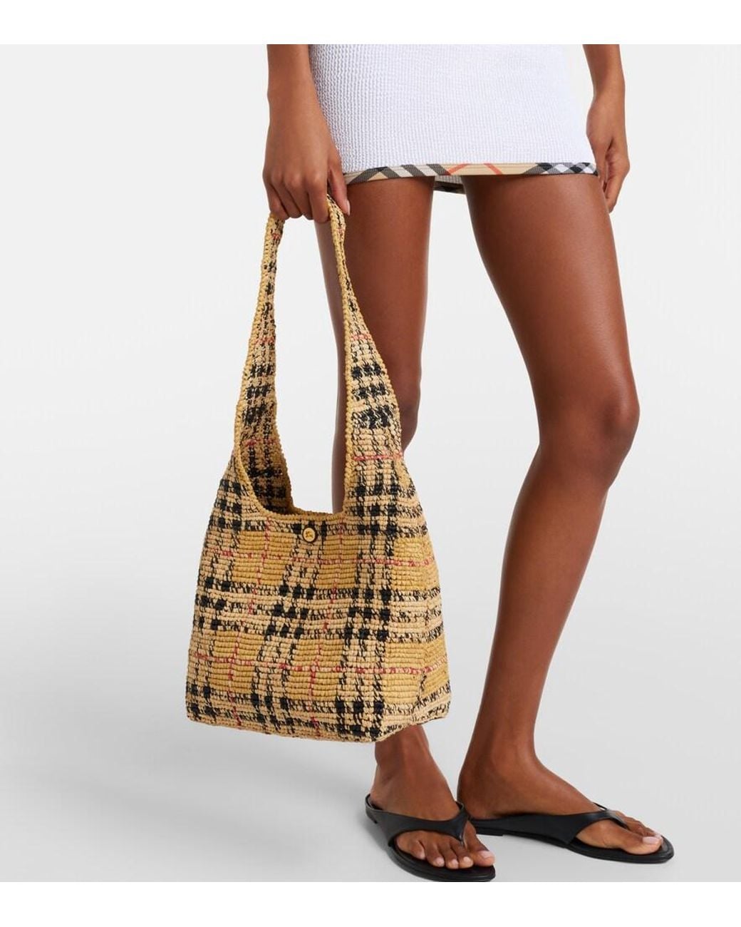 Burberry Metallic Check Medium Raffia Tote Bag