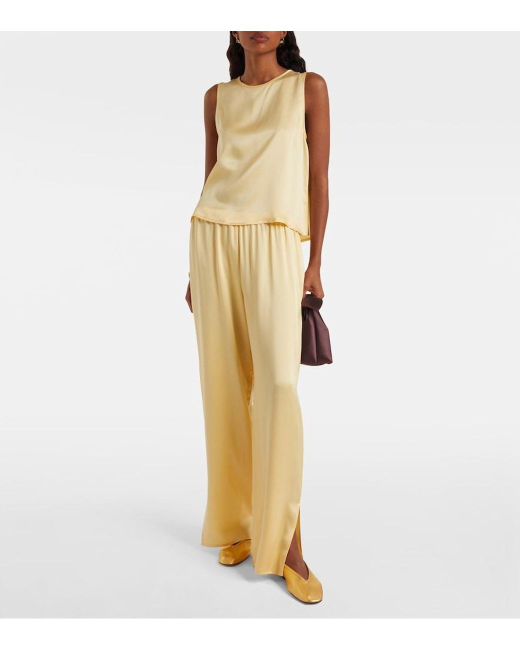 Asceno Natural Loreto Silk Charmeuse Wide-Leg Pants