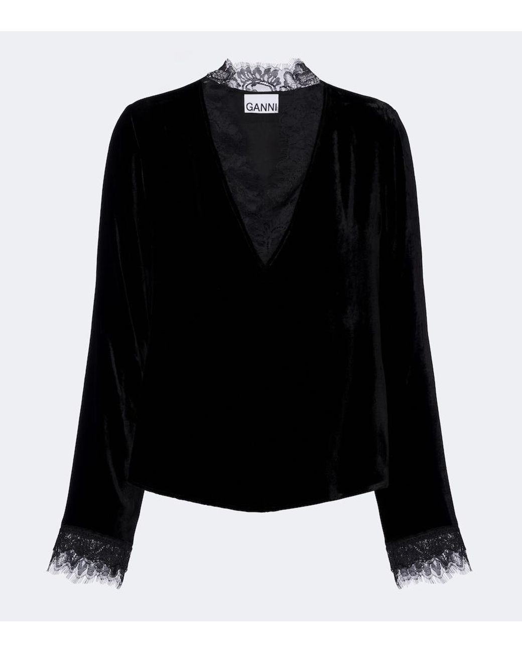 Ganni Black Lace-Trimmed Velvet Top