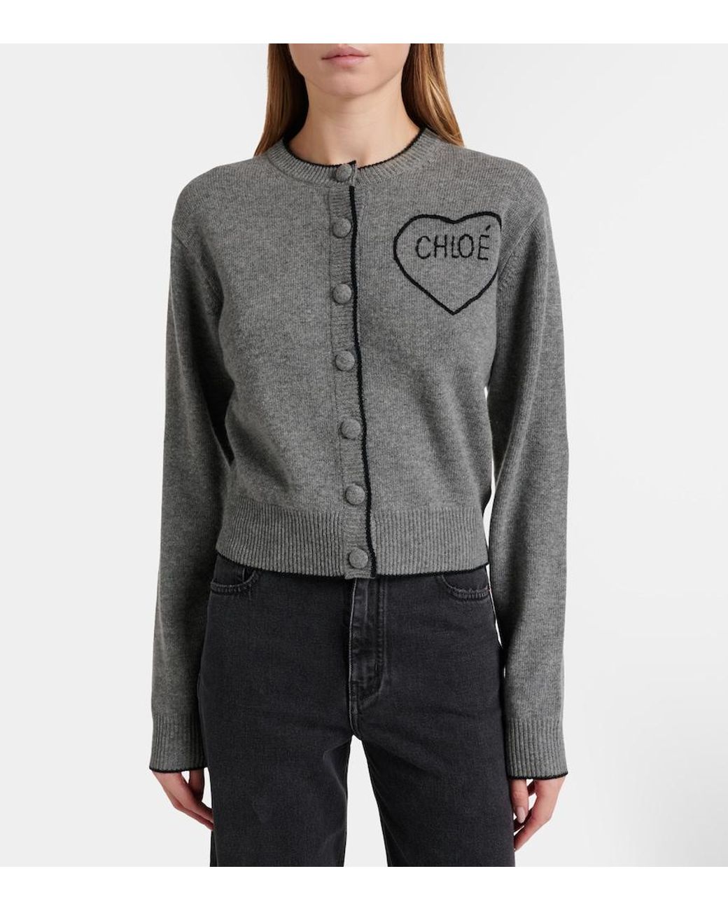 Chloé Gray Logo Wool And Cashmere Cardigan