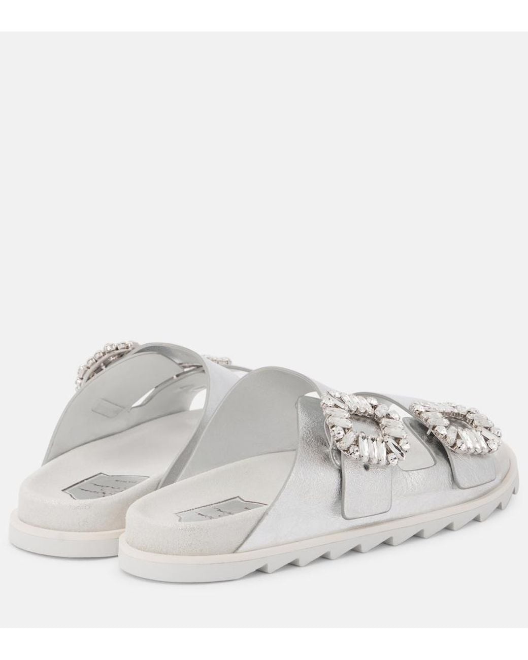 Roger Vivier White Crystal-Embellished Metallic Leather Slides