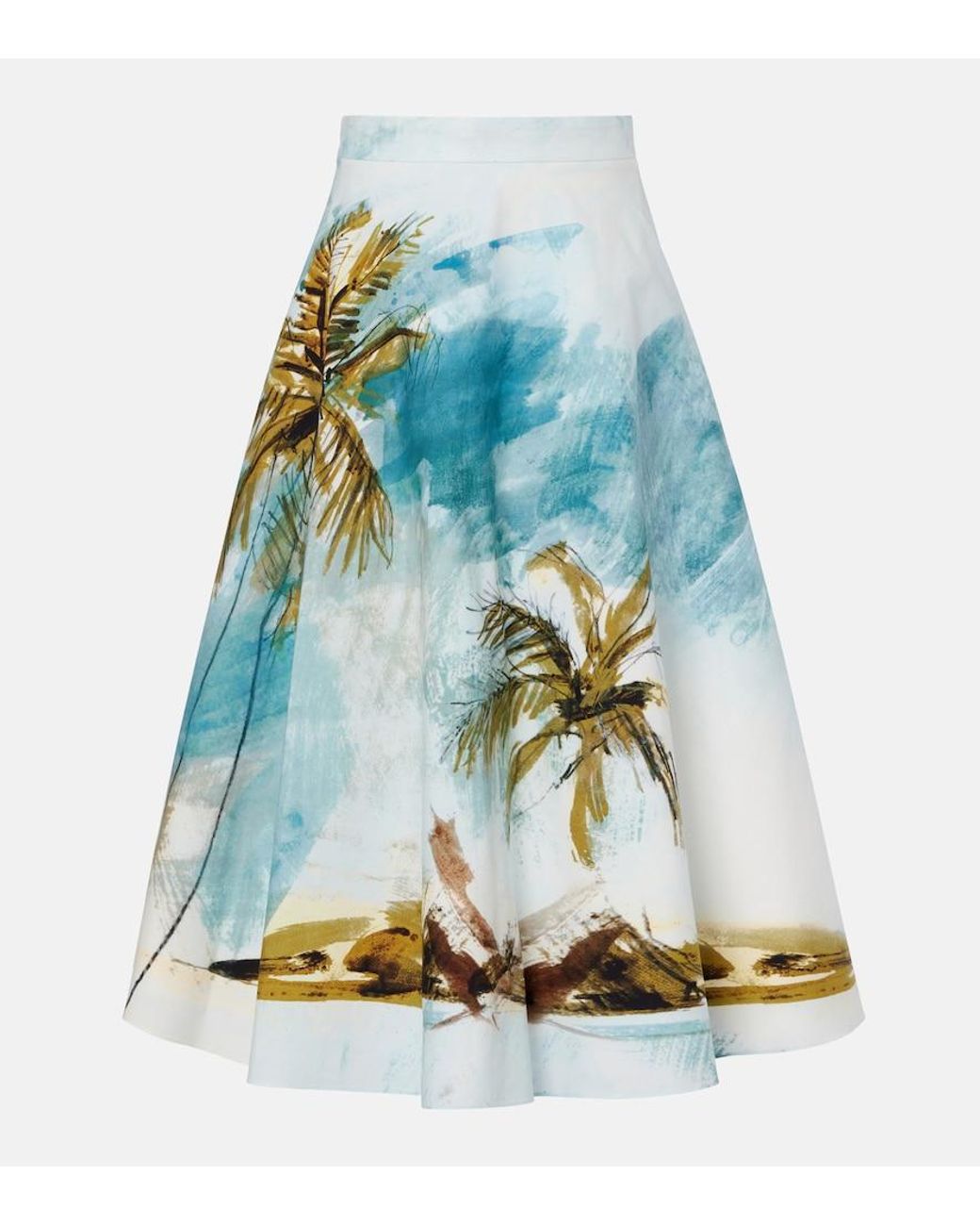 Oscar de la Renta Blue Printed Cotton-Blend Poplin Midi Skirt