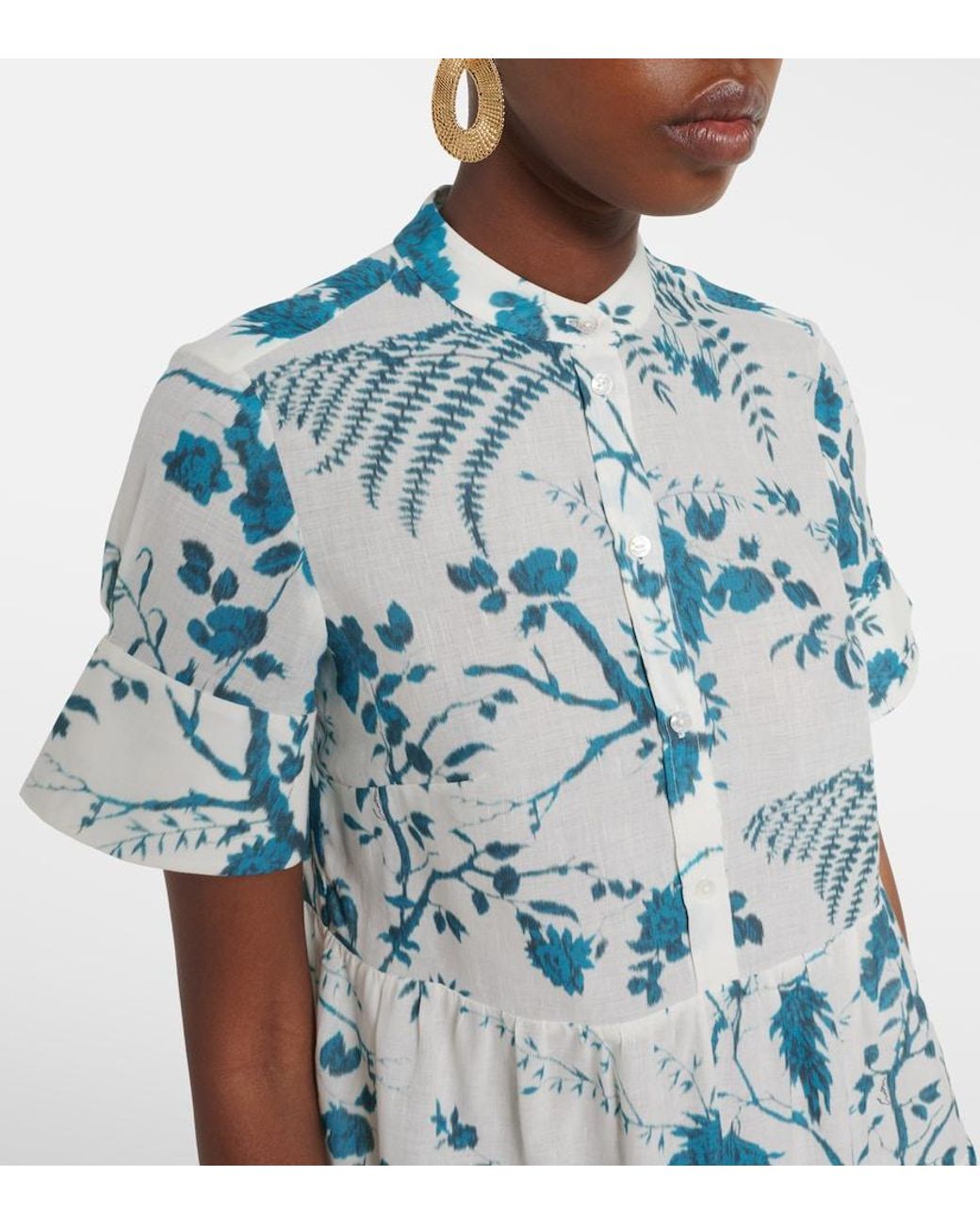 Erdem Blue Floral Tiered Cotton And Linen Minidress