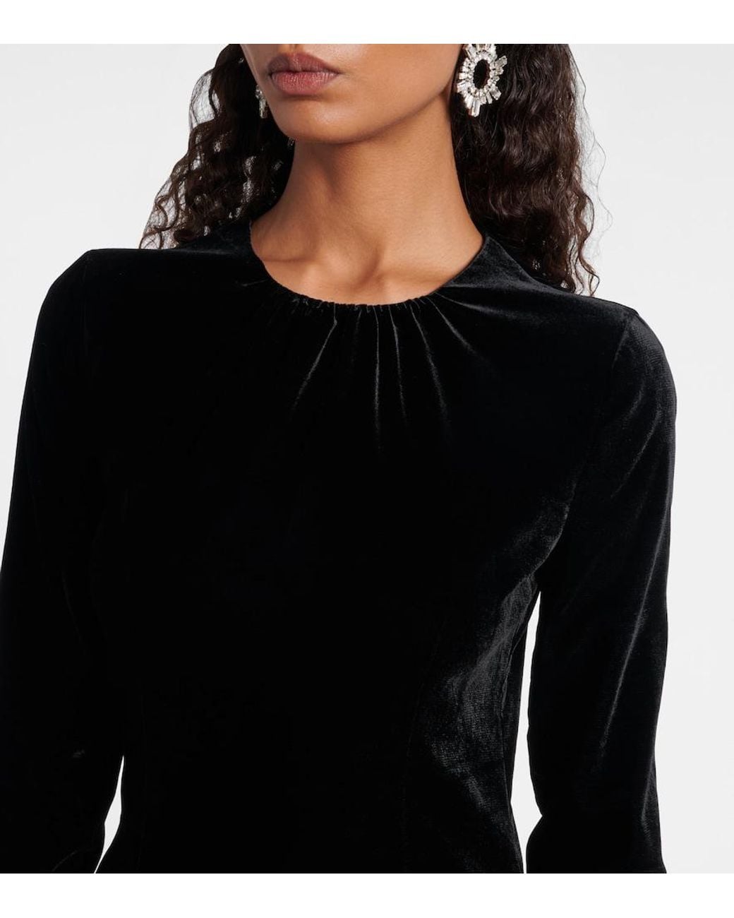Alessandra Rich Black Ruched Silk-Trimmed Asymmetric Velvet Gown