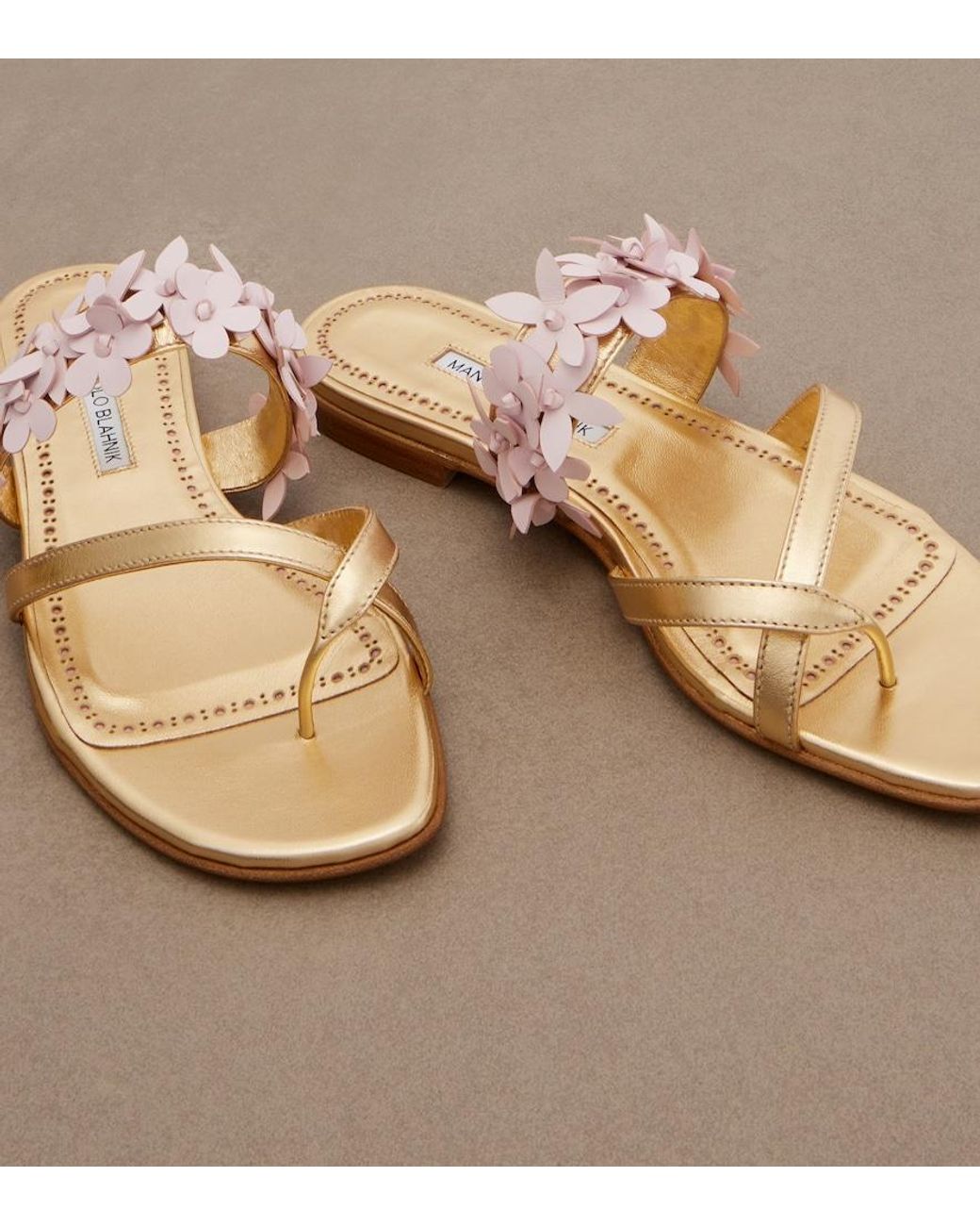 Manolo Blahnik Metallic Fiosa Applique Leather Thong Sandals