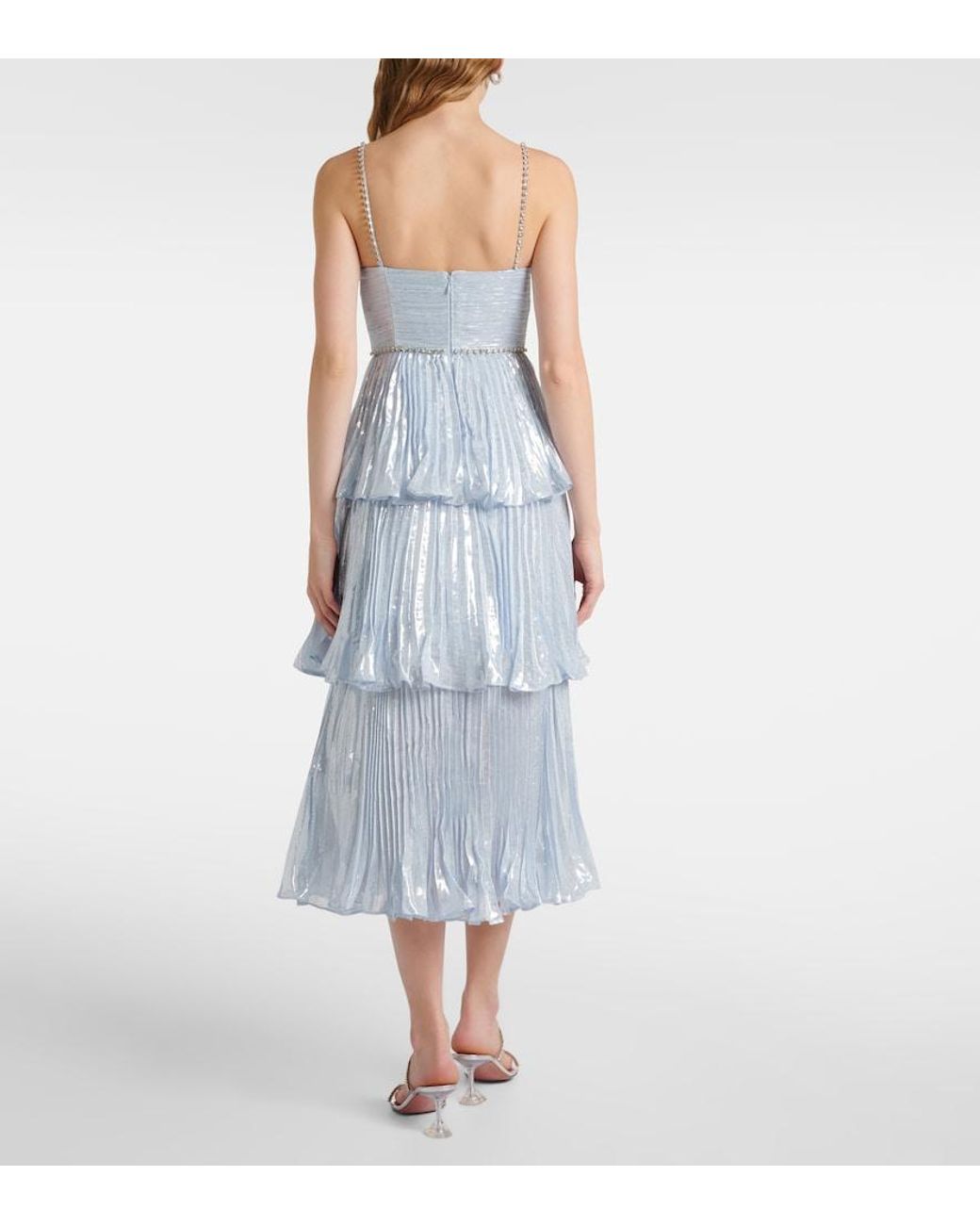 Self-Portrait Blue Feather-Trimmed Silk-Blend Chiffon Gown