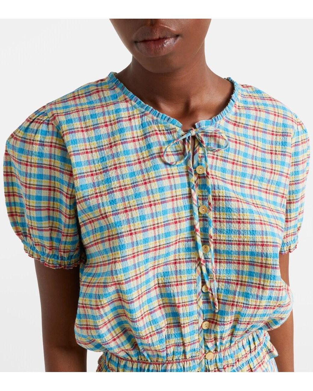 Faithfull The Brand Blue Santana Checked Cotton-Blend Top
