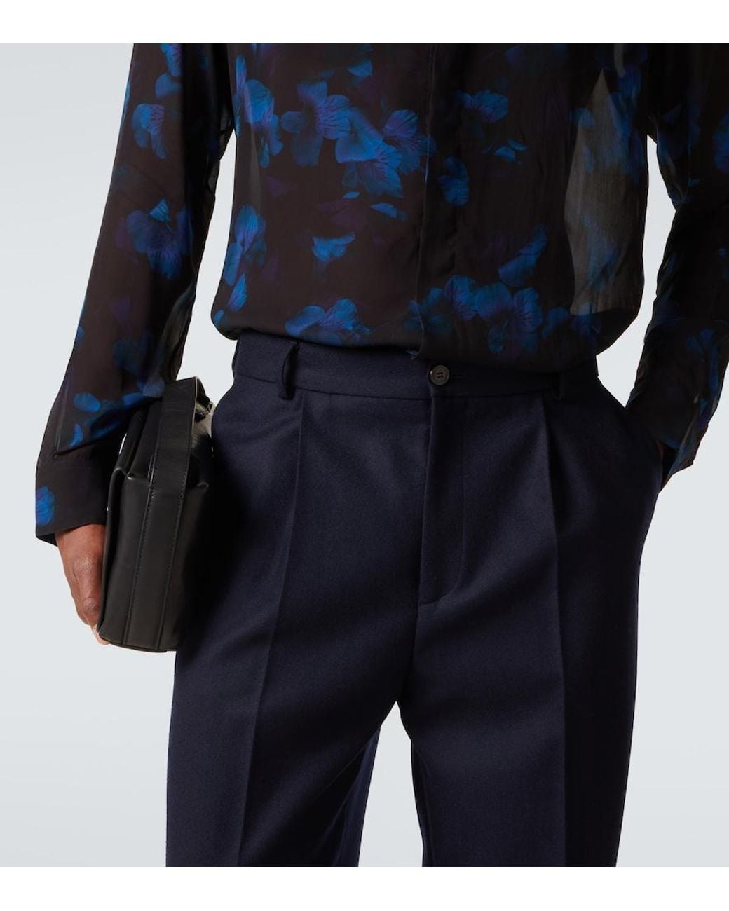 Dries Van Noten Blue Wool Flannel Wide-Leg Pants for men