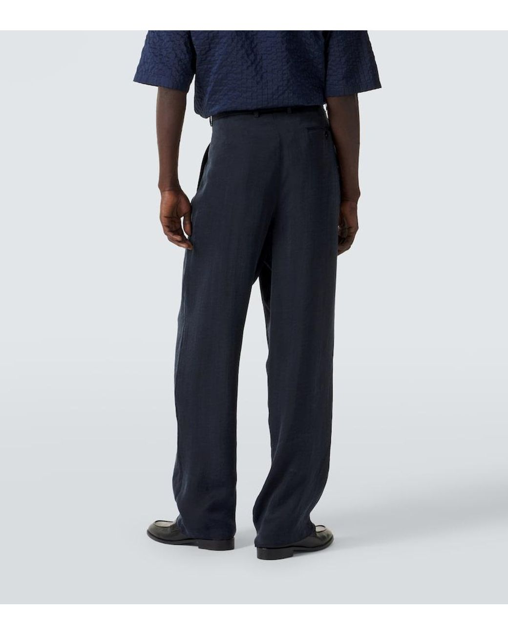 Giorgio Armani Blue Pleated Satin Wide-Leg Pants for men