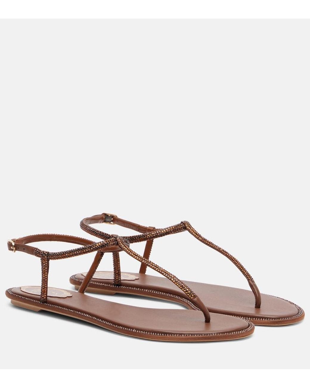 Rene Caovilla Brown Diana Embellished Satin Thong Sandals