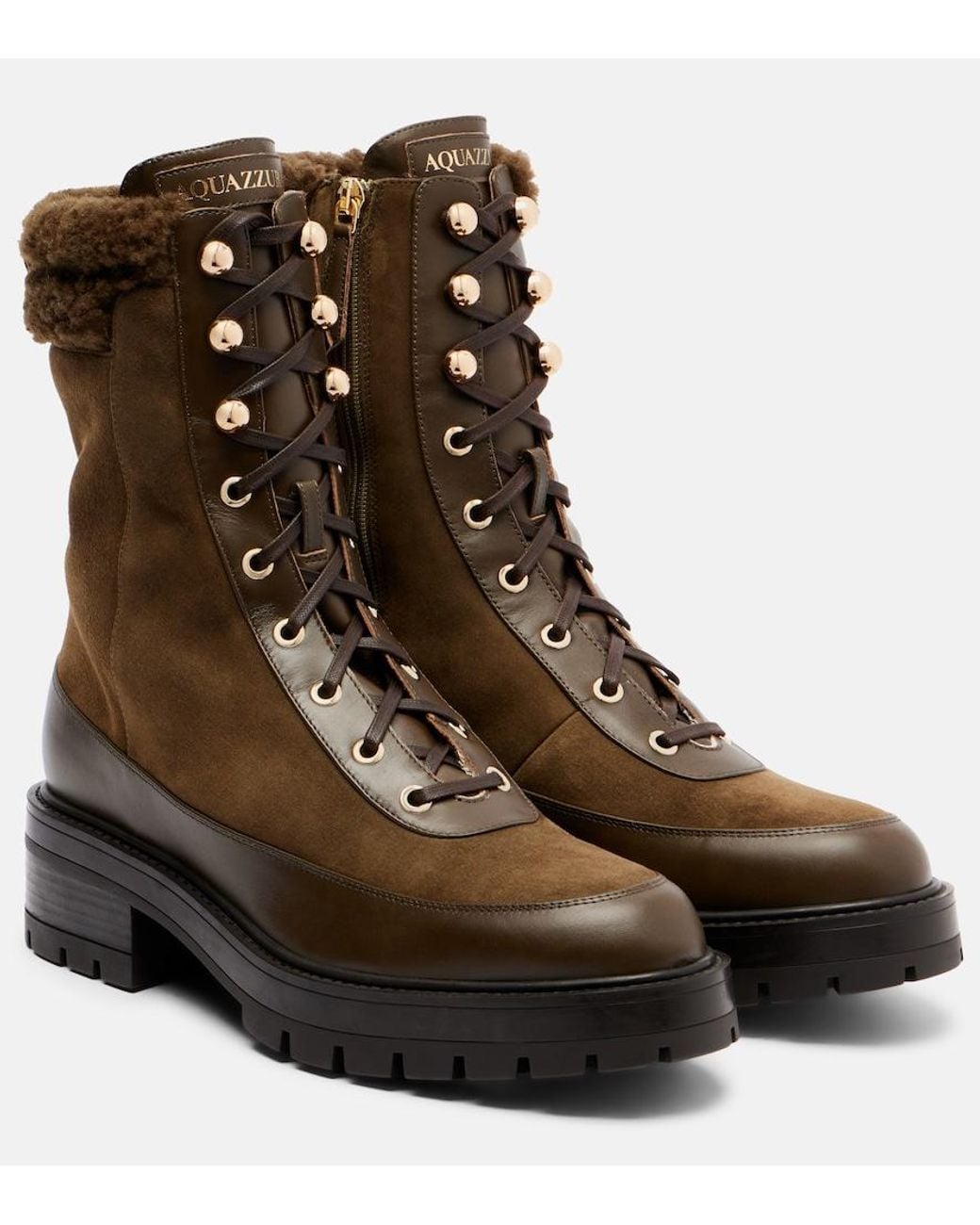 Aquazzura Brown Very Cortina Shearling-Trimmed Suede Lace-Up Boots