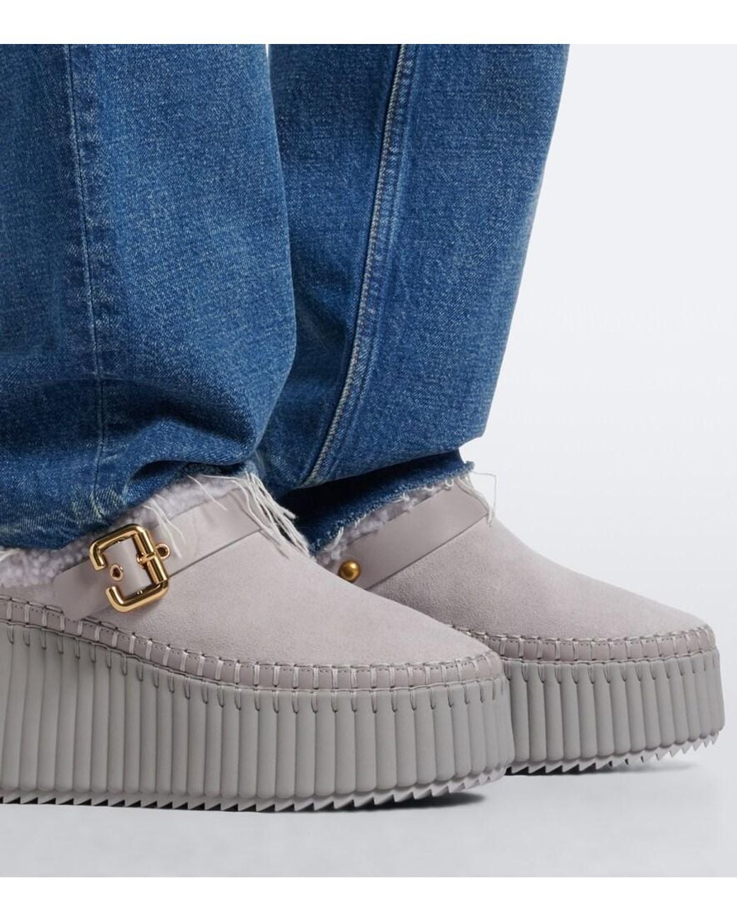 Chloé Gray Nama Shearling-Lined Suede Platform Mules