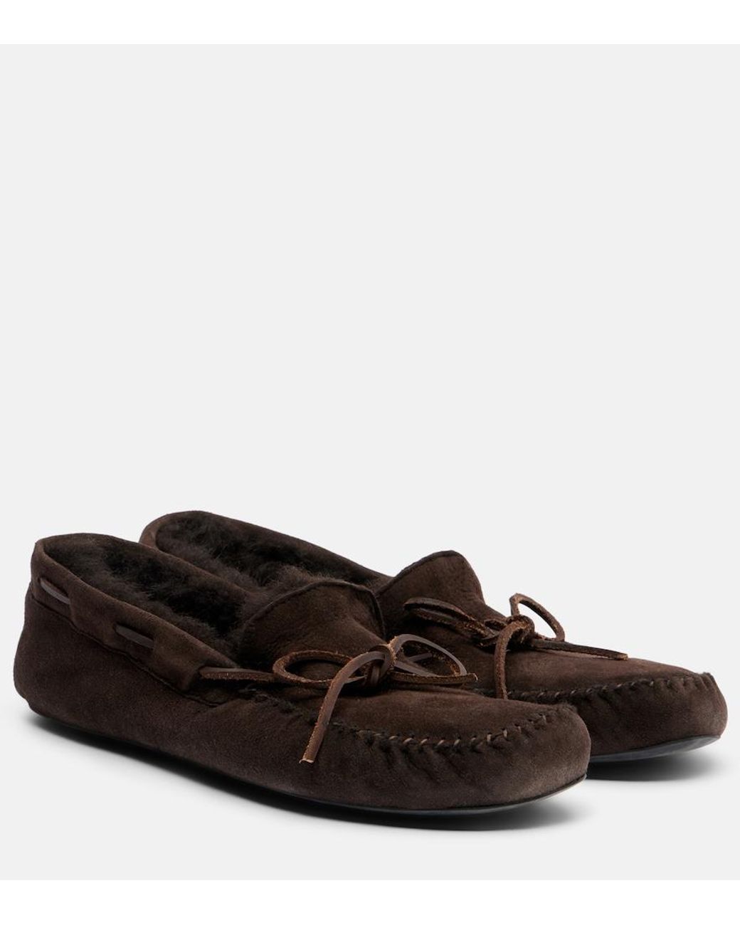 The Row Brown Lucca Shearling-Trimmed Suede Boat Shoes