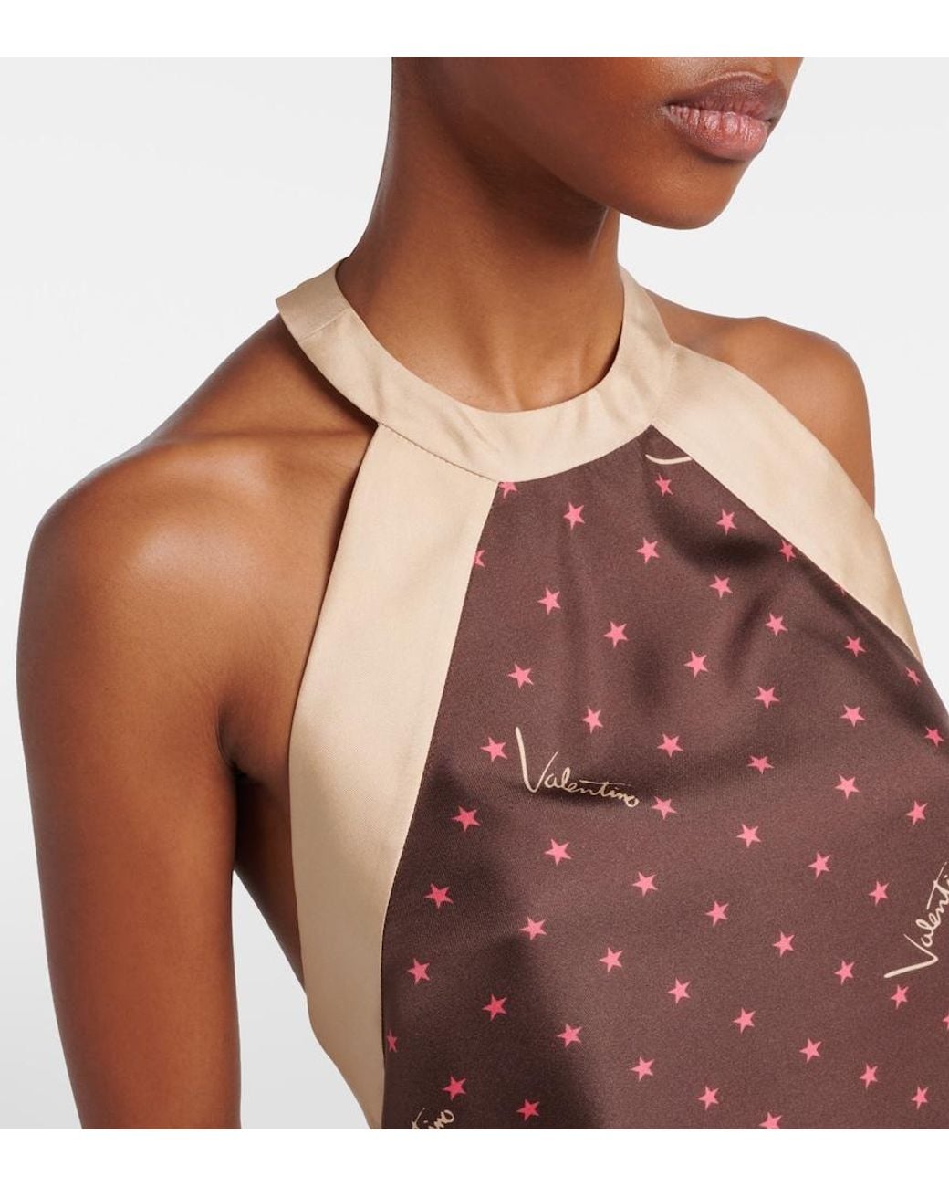 Valentino Garavani Brown Printed Halterneck Silk Twill Top