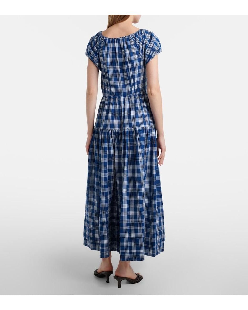 Doen Blue Valenne Checked Cotton Midi Dress
