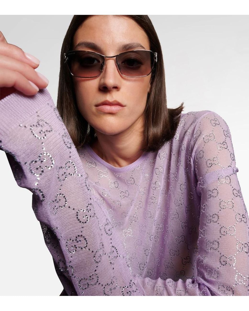 Gucci Gray Interlocking G Crystal-Embellished Rectangular Sunglasses