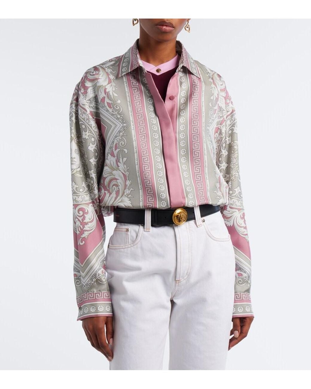 Camisa Greca De Sarga De Seda Estampada Versace de color Pink