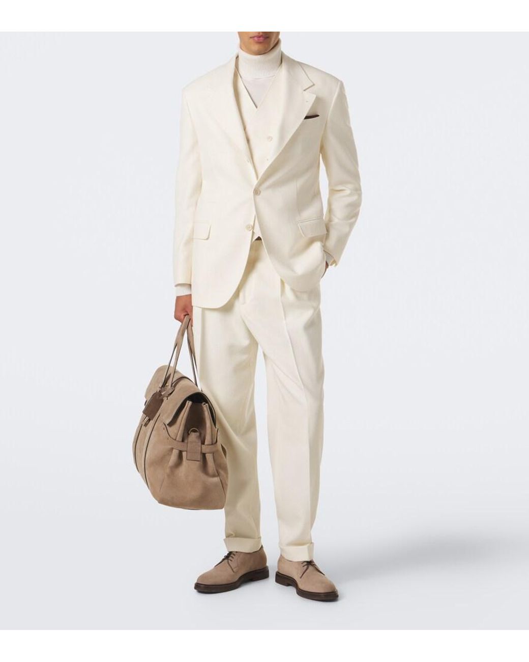 Brunello Cucinelli White Pleated Wool And Cotton Straight Pants for men
