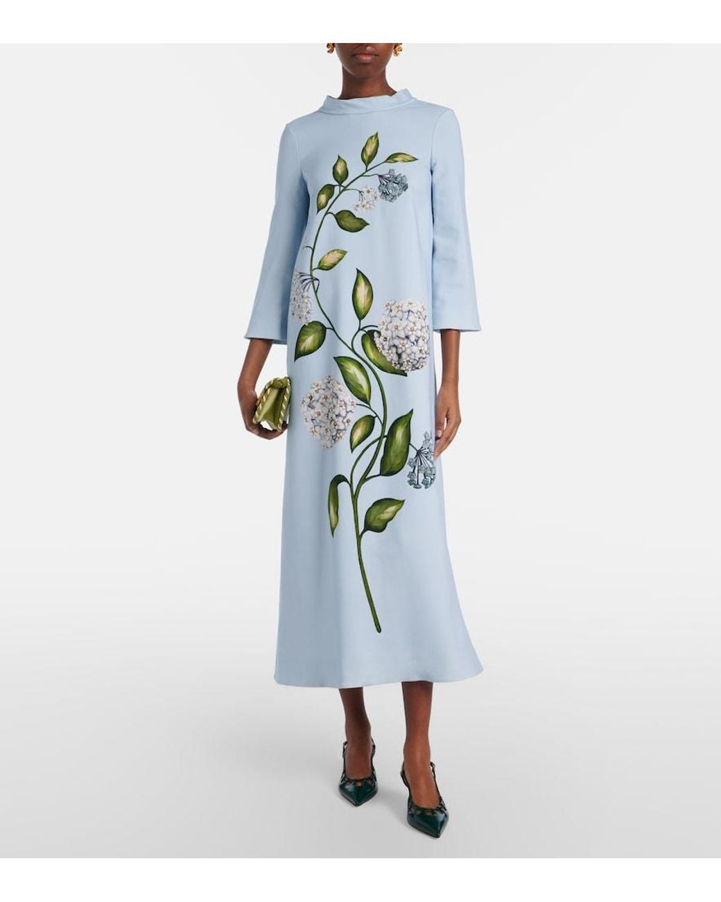 Oscar de la Renta Blue Porcelain Flower Wool-Blend Kaftan