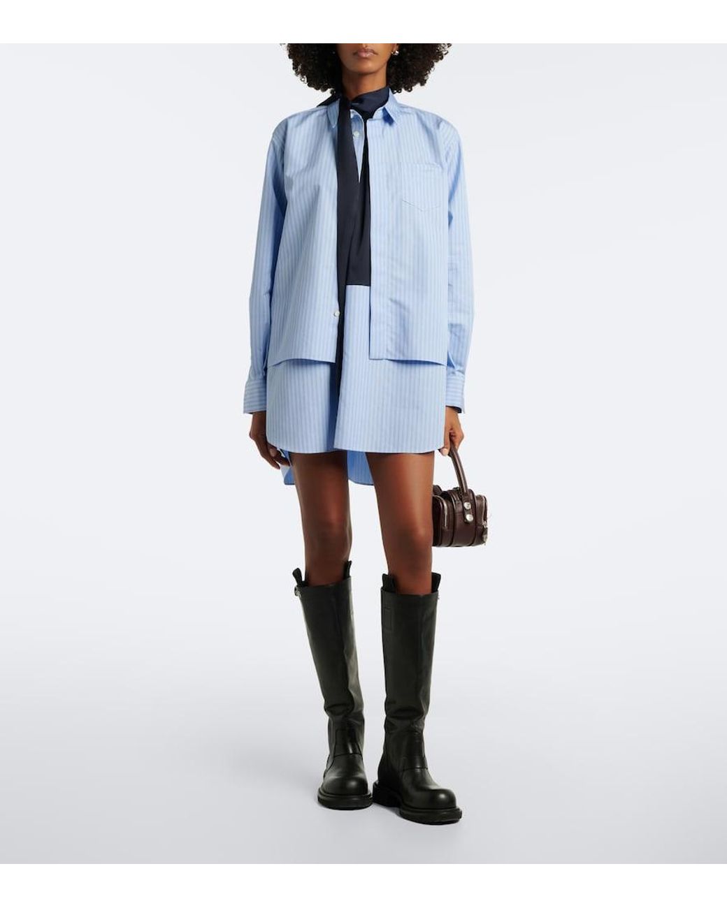 Sacai Blue Layered Striped Cotton-Blend Poplin Shirt