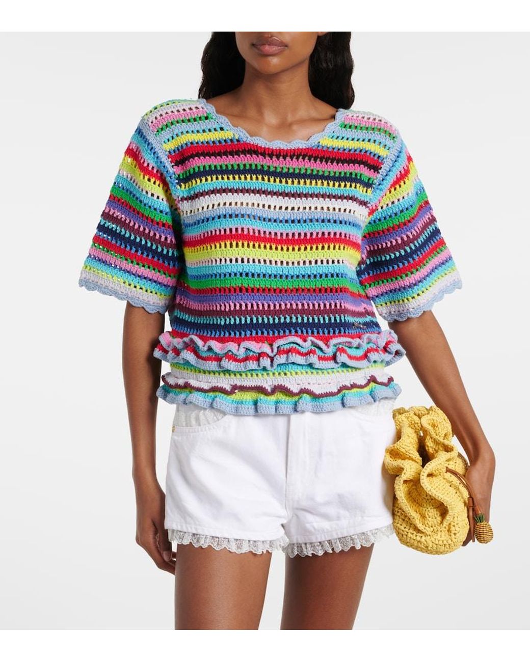 Top De Croche De Algodon A Rayas Ganni de color Blue