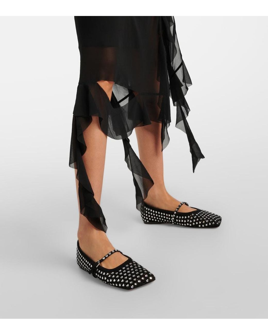 AMINA MUADDI Black Ane Crystal Heart Suede Ballet Flats