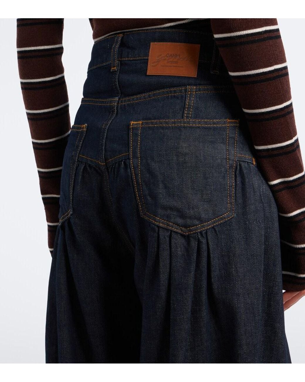 Ganni Blue Gathered Barrel-Leg Jeans